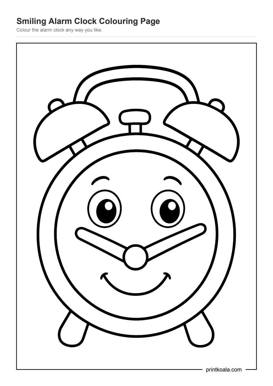 Full preview of the Smiling Alarm Clock Colouring Page worksheet