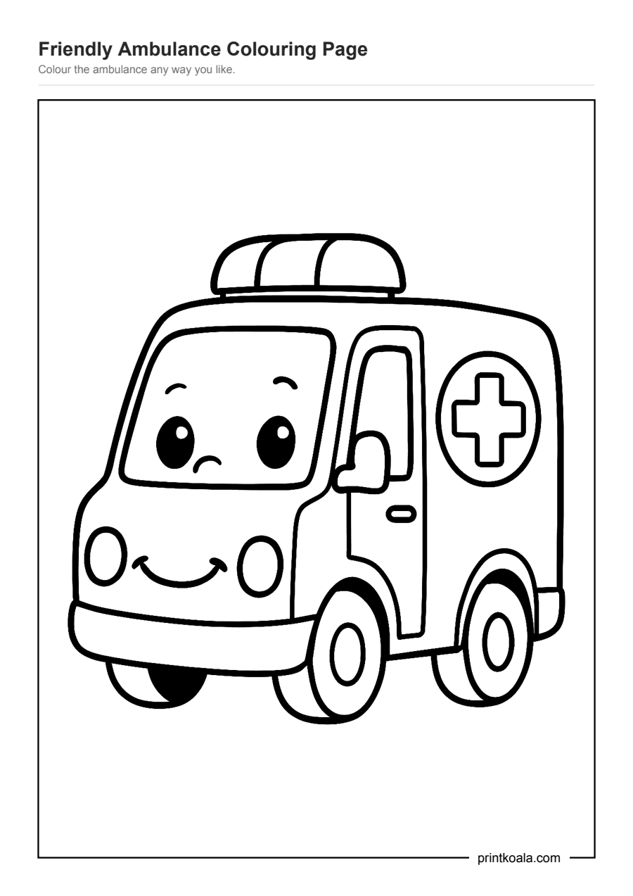 Full preview of the Friendly Ambulance Colouring Page worksheet