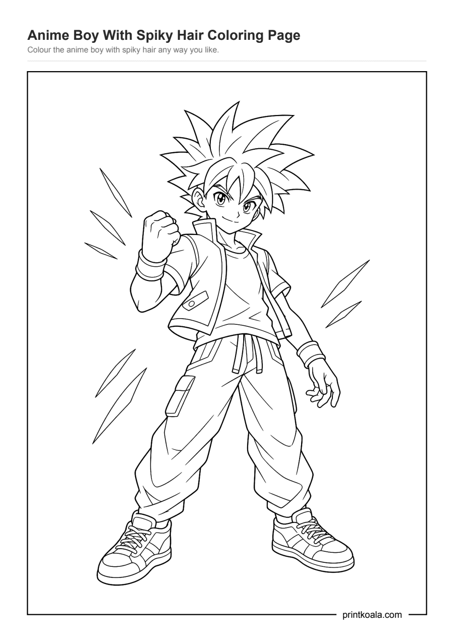 Full preview of the Anime Boy With Spiky Hair Coloring Page worksheet