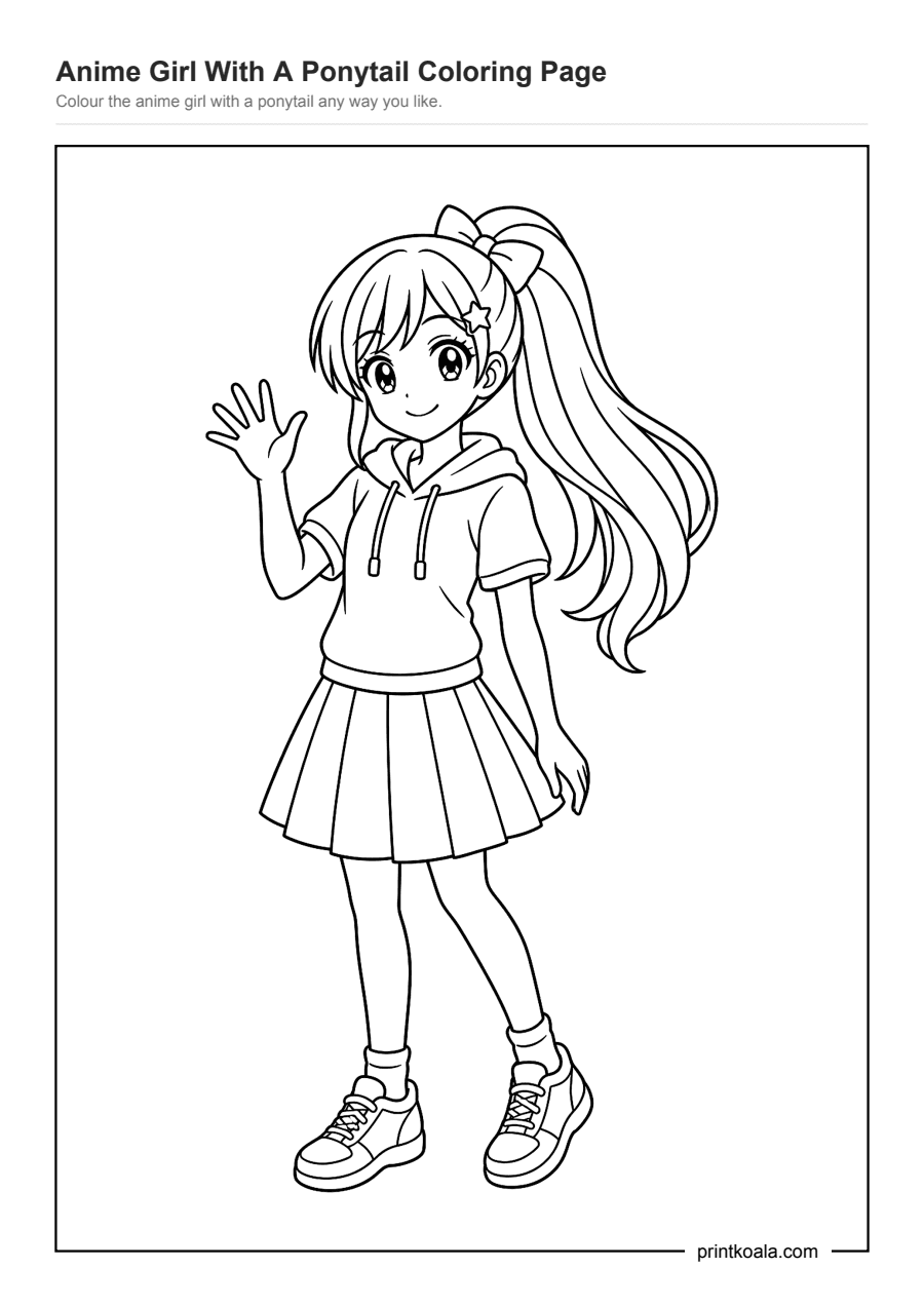 Full preview of the Anime Girl With A Ponytail Coloring Page worksheet
