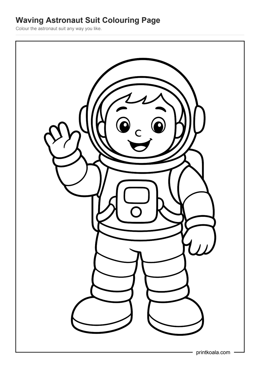 Full preview of the Waving Astronaut Suit Colouring Page worksheet