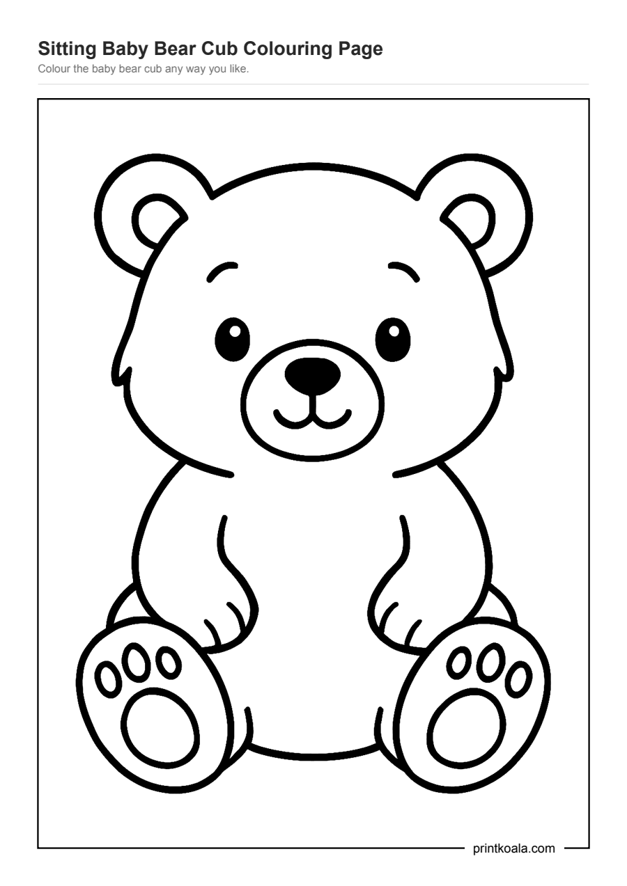 Full preview of the Sitting Baby Bear Cub Colouring Page worksheet