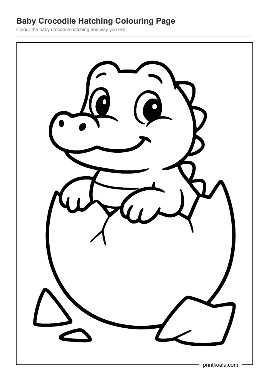 Full preview of the Baby Crocodile Hatching Colouring Page worksheet