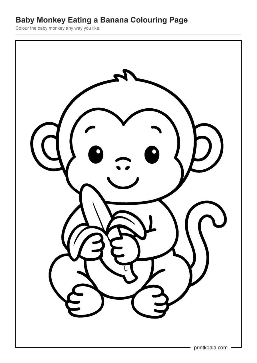Full preview of the Baby Monkey Eating a Banana Colouring Page worksheet
