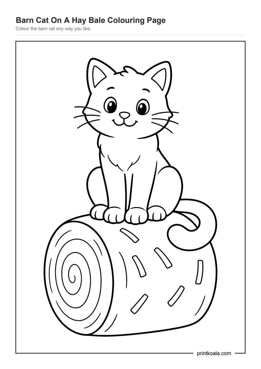 Full preview of the Barn Cat on a Hay Bale Coloring Page worksheet