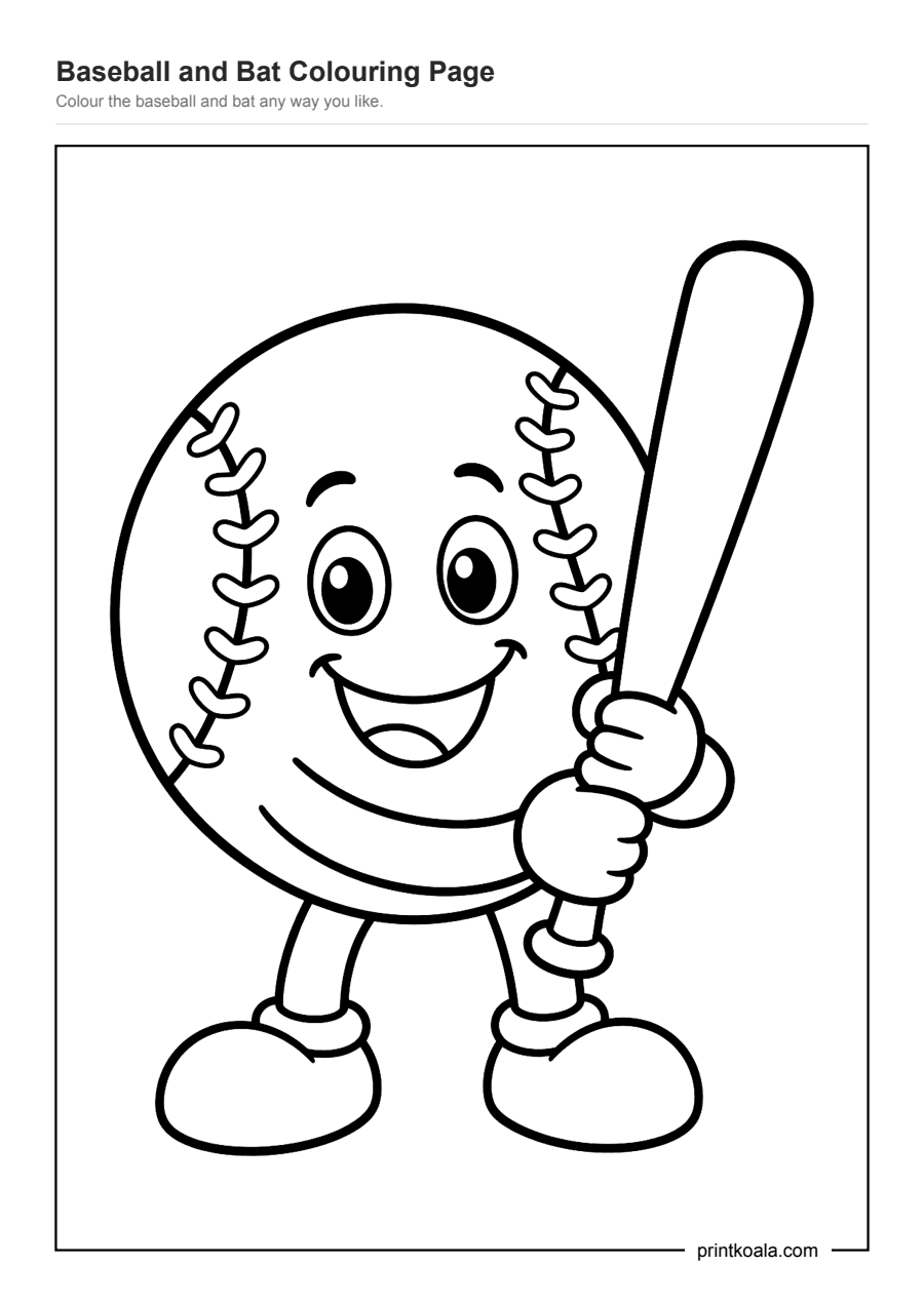 Full preview of the Baseball and Bat Colouring Page worksheet