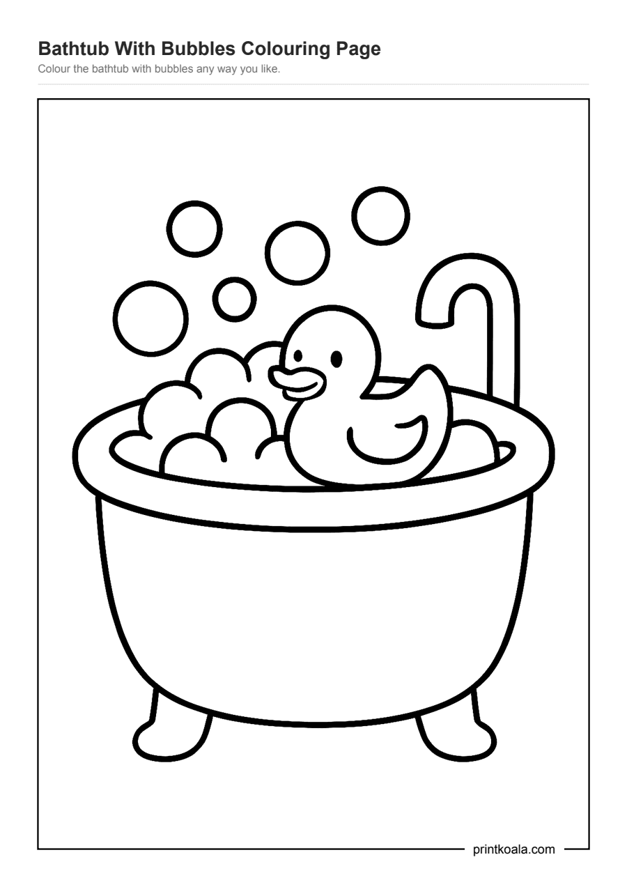 Full preview of the Bathtub With Bubbles Colouring Page worksheet