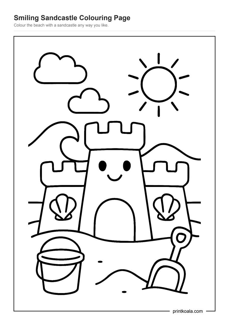 Full preview of the Smiling Sandcastle Colouring Page worksheet
