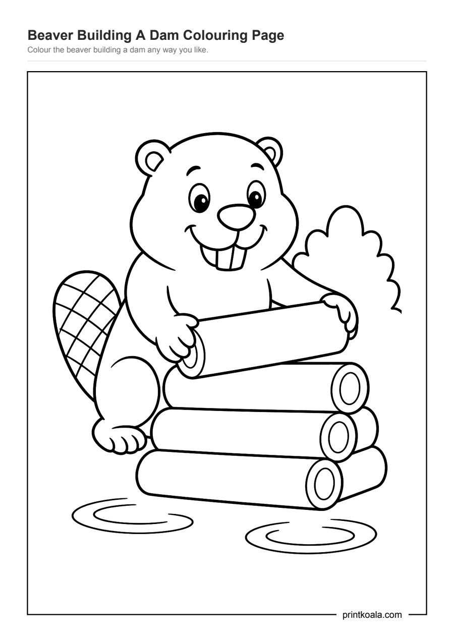 Full preview of the Beaver Building A Dam Colouring Page worksheet