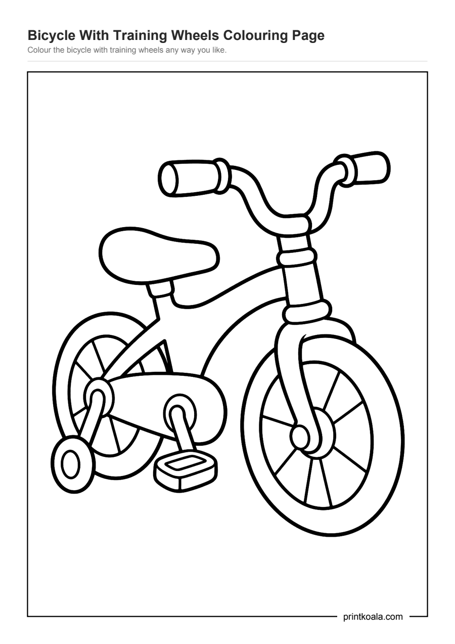 Full preview of the Bicycle With Training Wheels Colouring Page worksheet