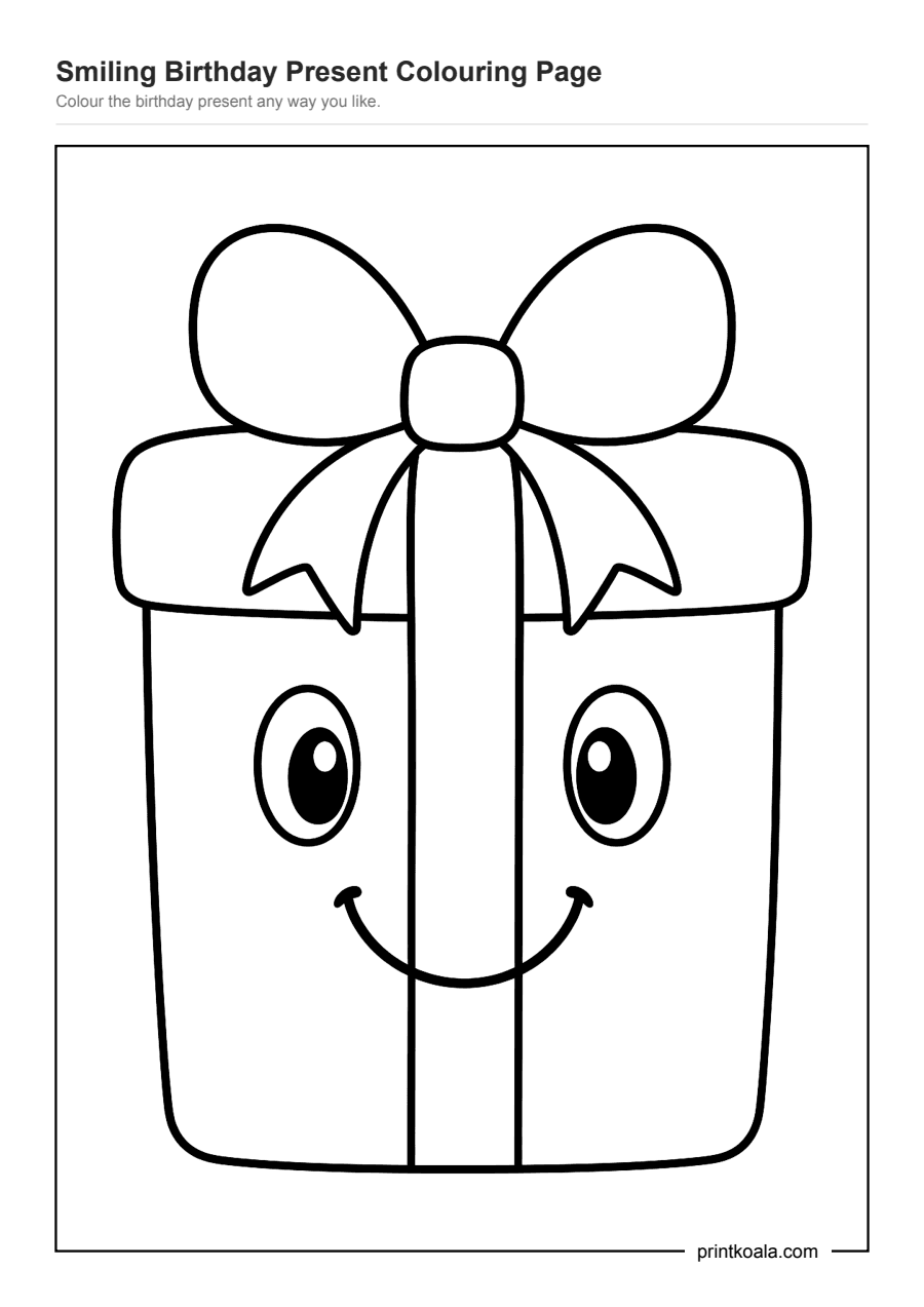 Full preview of the Smiling Birthday Present Colouring Page worksheet