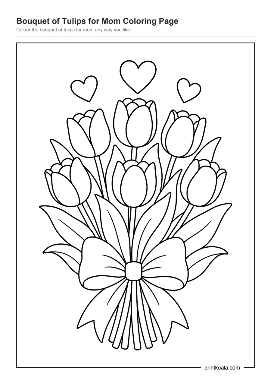 Full preview of the Bouquet of Tulips for Mom Coloring Page worksheet