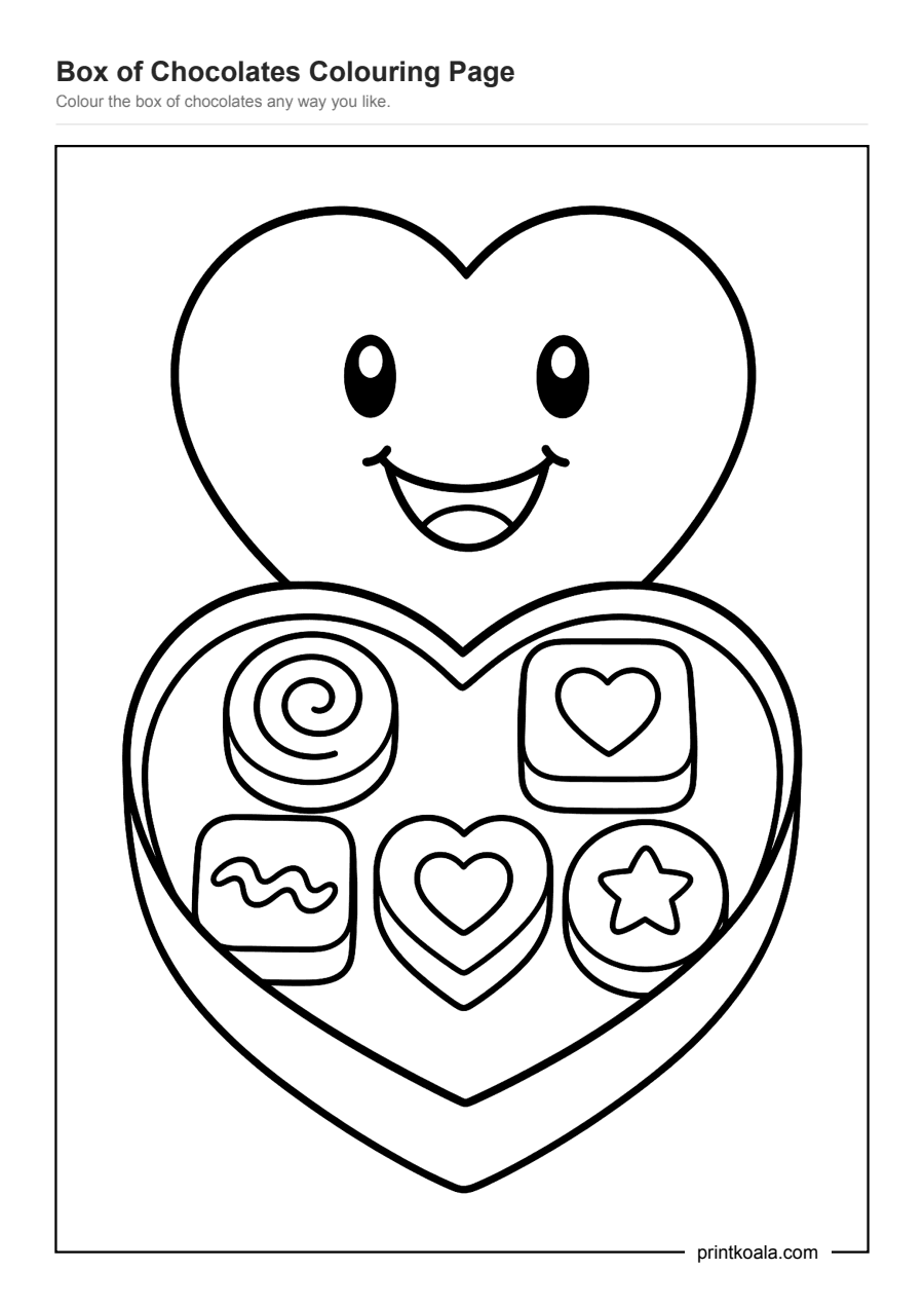 Full preview of the Box of Chocolates Colouring Page worksheet