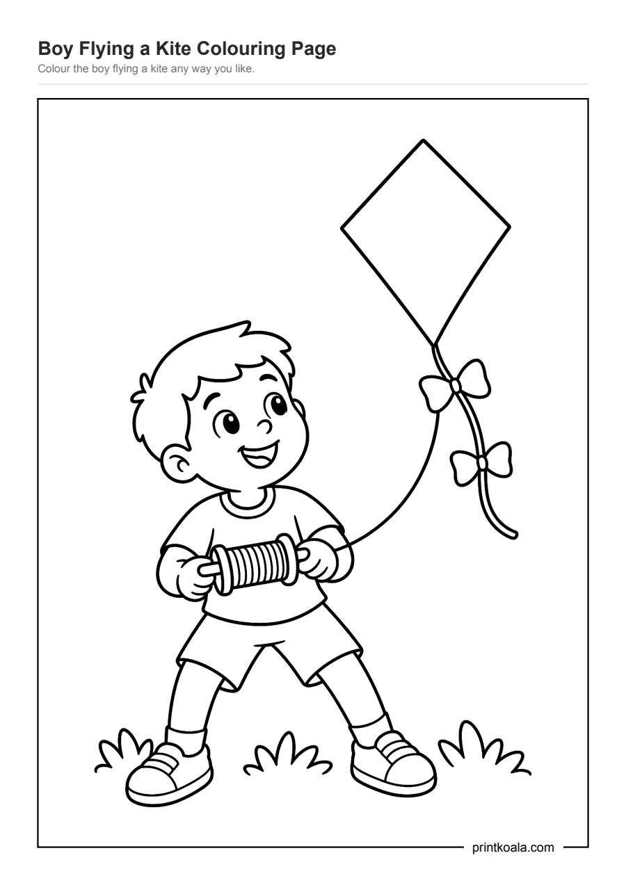 Full preview of the Boy Flying a Kite Colouring Page worksheet