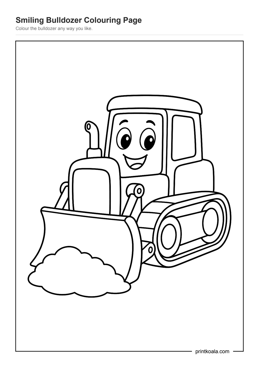 Full preview of the Smiling Bulldozer Colouring Page worksheet