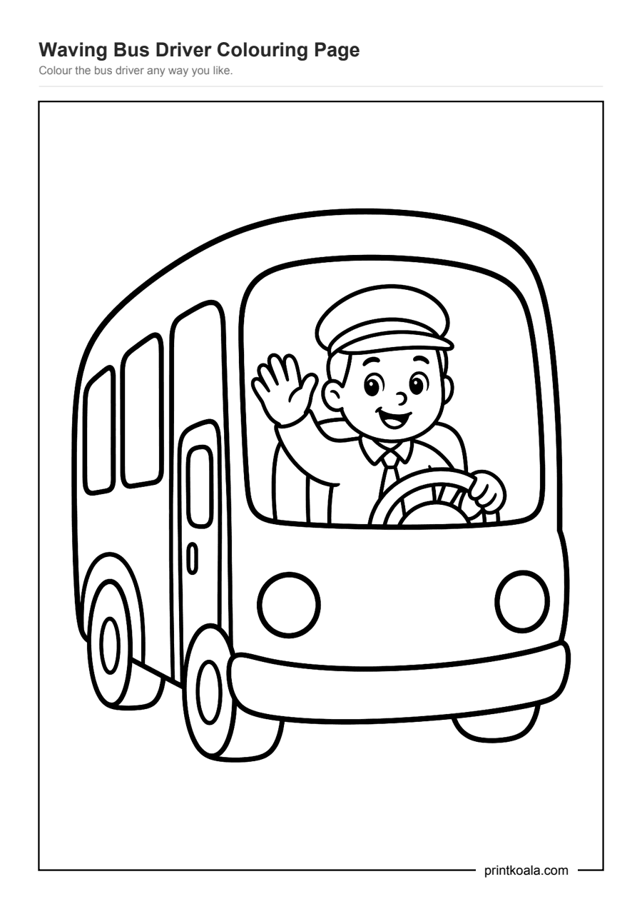 Full preview of the Waving Bus Driver Colouring Page worksheet