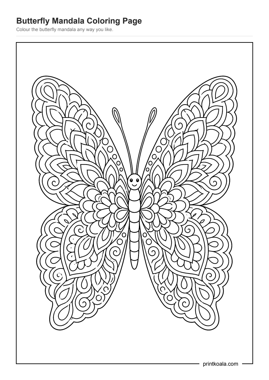 Full preview of the Butterfly Mandala Coloring Page worksheet