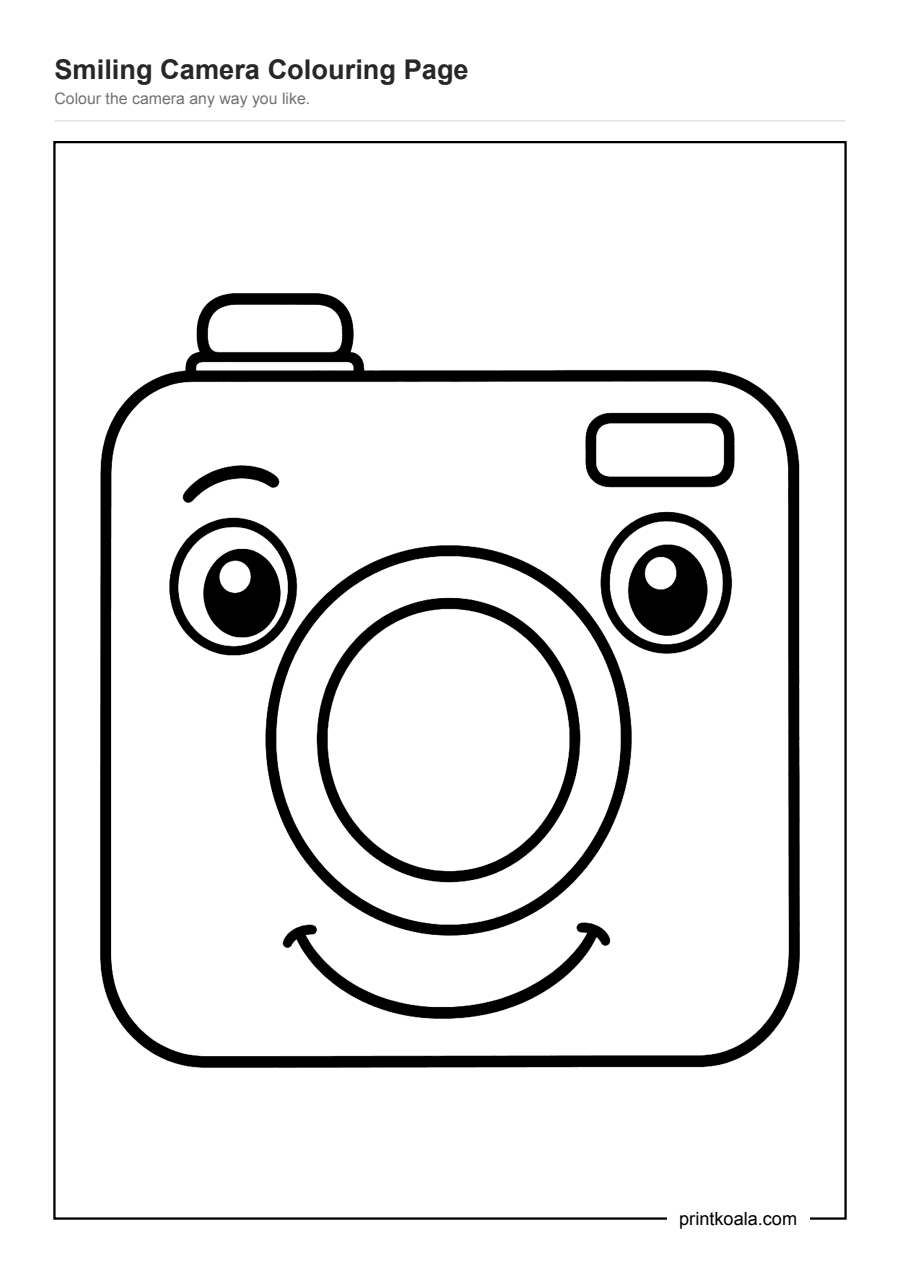Full preview of the Smiling Camera Colouring Page worksheet