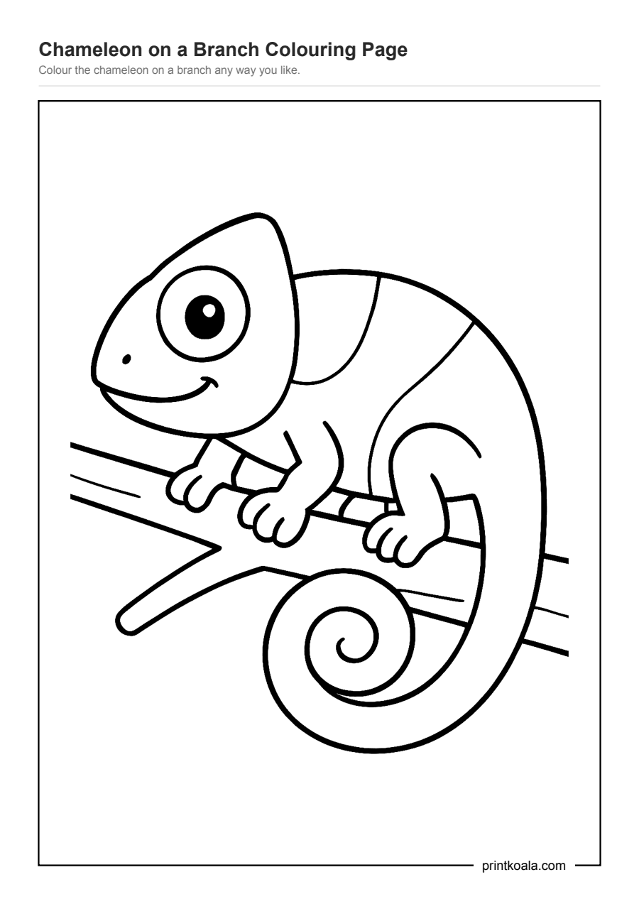 Full preview of the Chameleon on a Branch Colouring Page worksheet