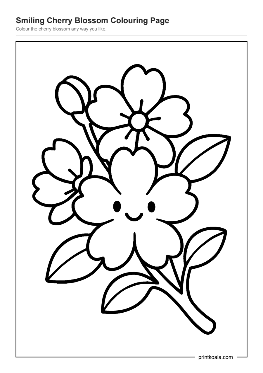 Full preview of the Smiling Cherry Blossom Colouring Page worksheet