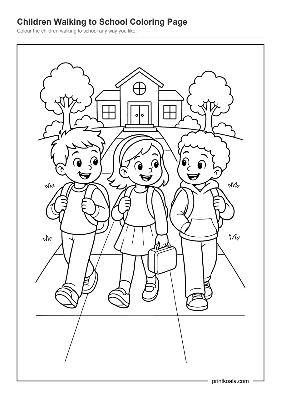 Full preview of the Children Walking to School Coloring Page worksheet