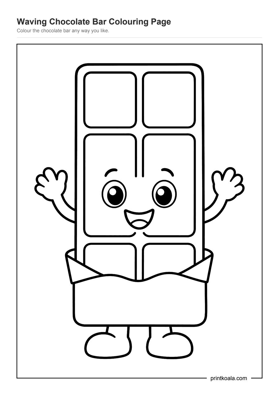 Full preview of the Waving Chocolate Bar Colouring Page worksheet
