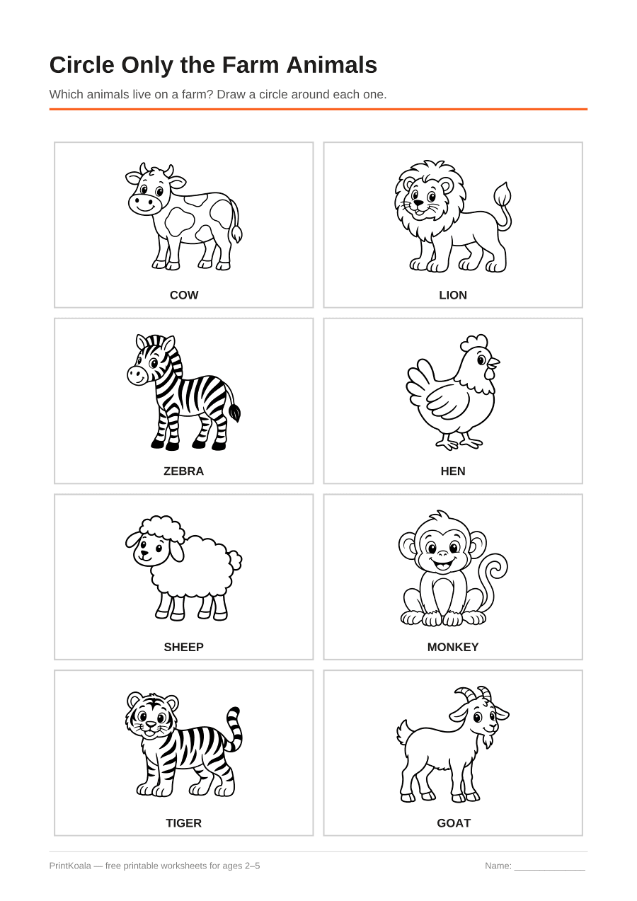 Full preview of the Circle Only the Farm Animals worksheet