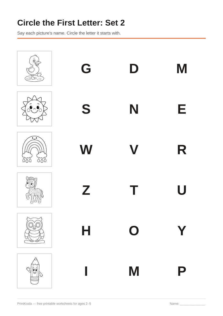 Full preview of the Circle the First Letter: Set 2 worksheet