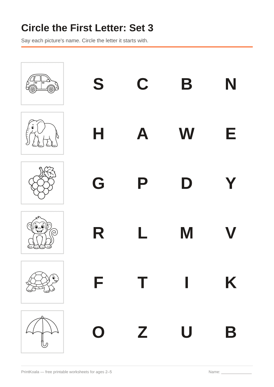 Full preview of the Circle the First Letter: Set 3 worksheet