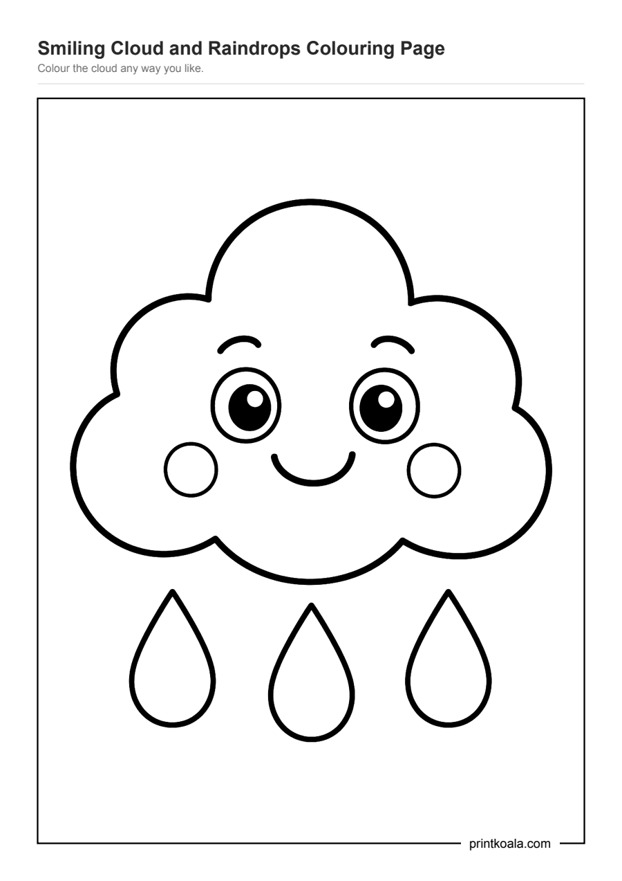 Full preview of the Smiling Cloud and Raindrops Colouring Page worksheet
