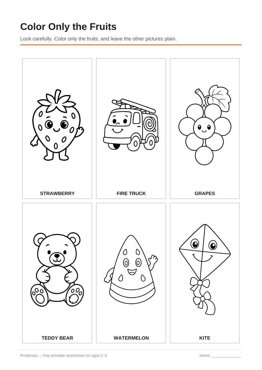 Full preview of the Color Only the Fruits worksheet