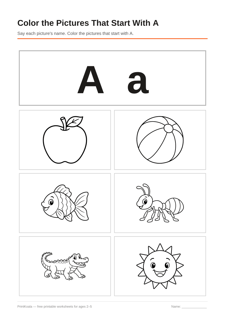 Full preview of the Color the Pictures That Start With A worksheet