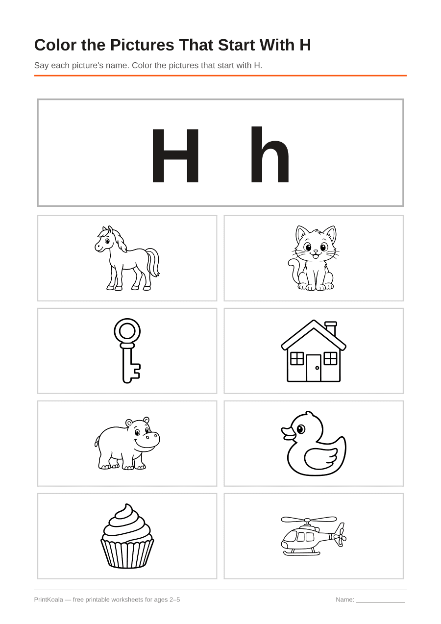 Full preview of the Color the Pictures That Start With H worksheet