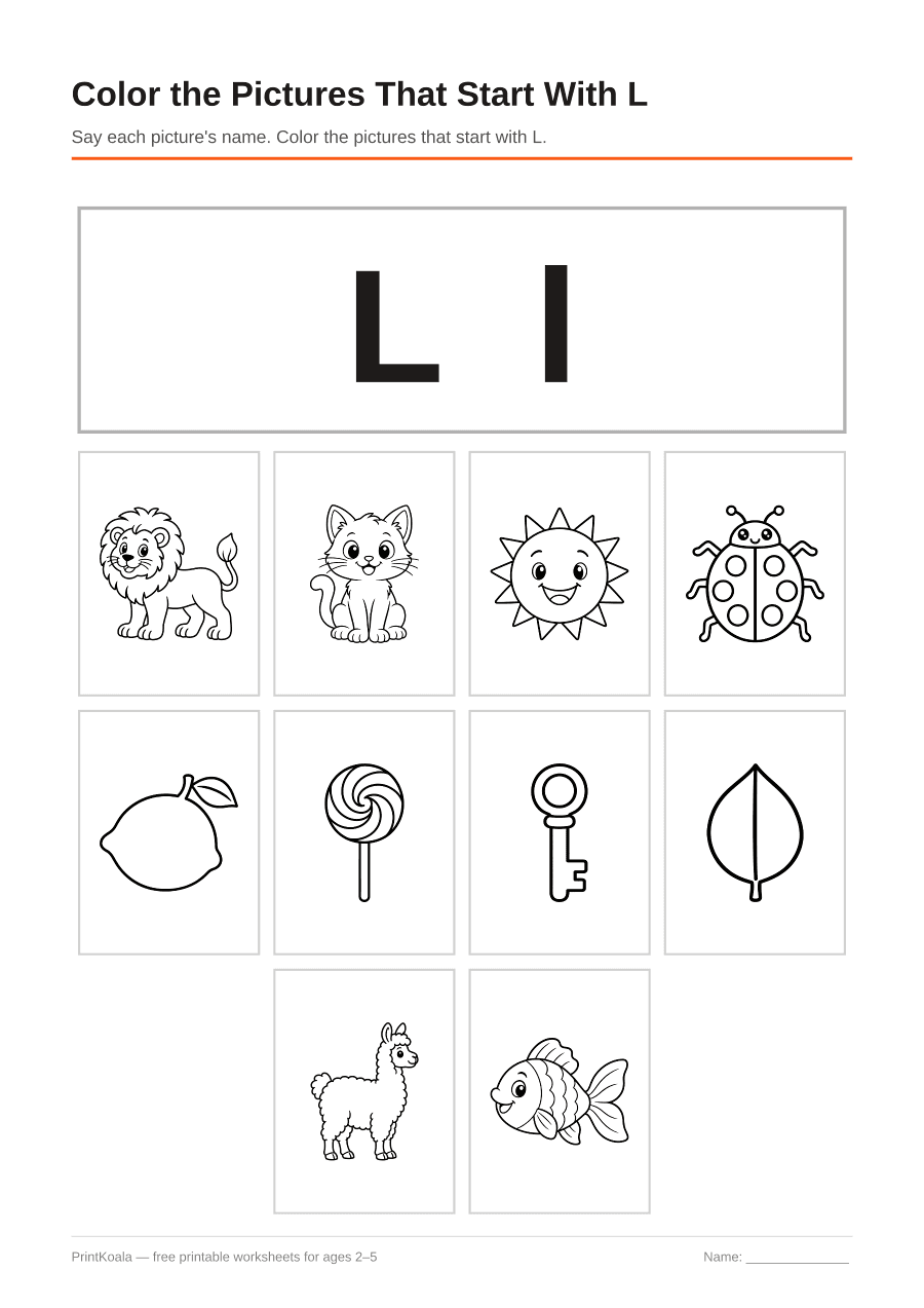 Full preview of the Color the Pictures That Start With L worksheet
