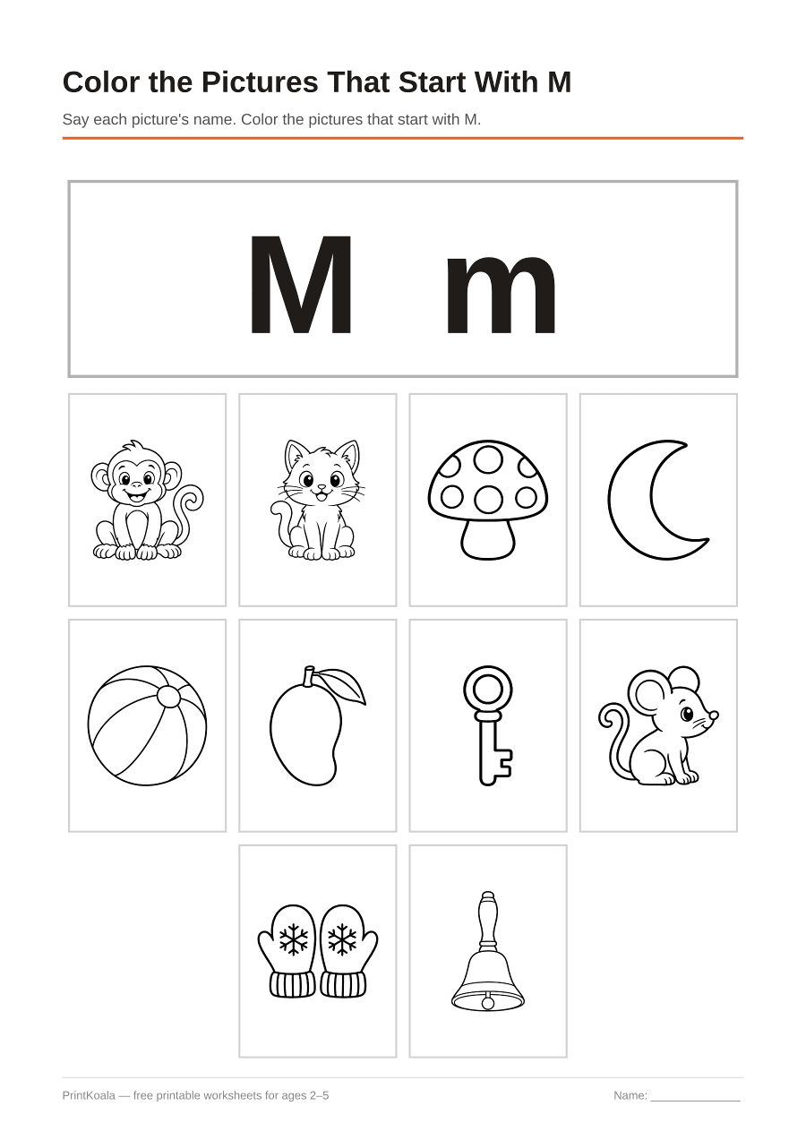 Full preview of the Color the Pictures That Start With M worksheet