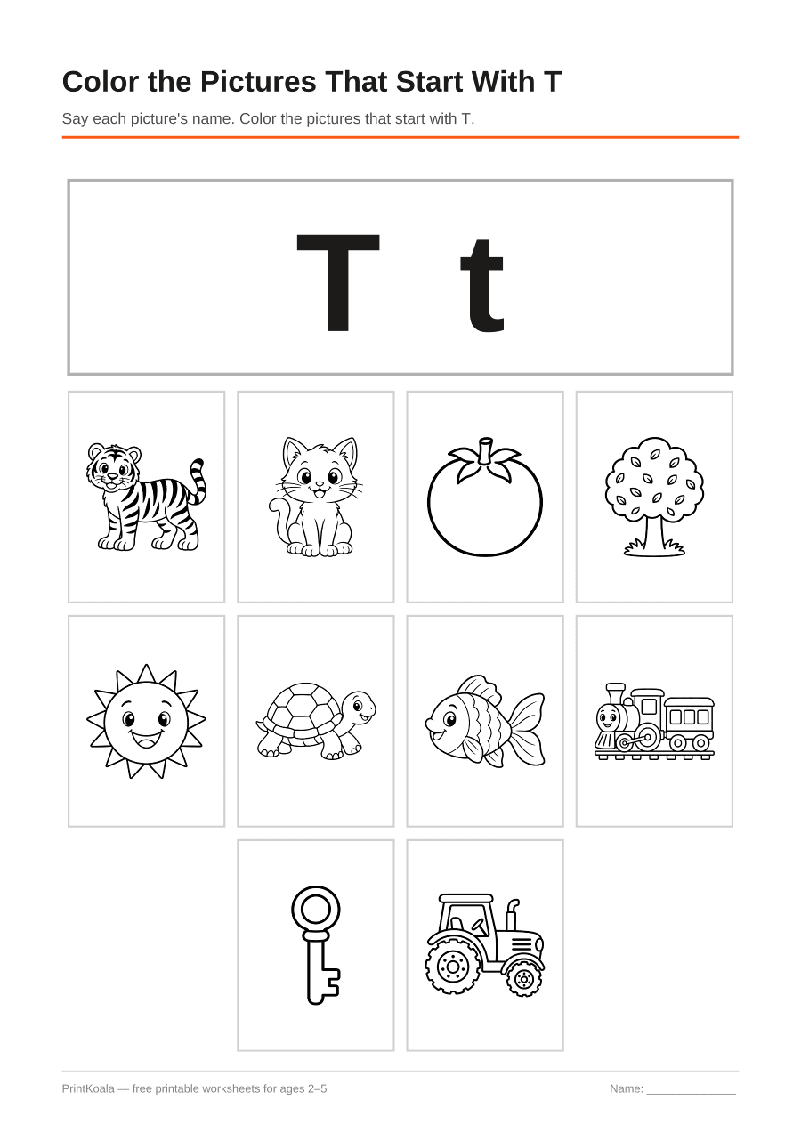Full preview of the Color the Pictures That Start With T worksheet