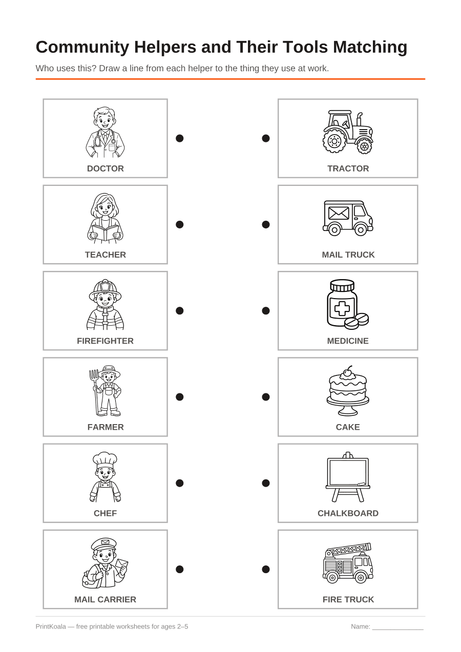 Full preview of the Community Helpers and Their Tools Matching worksheet