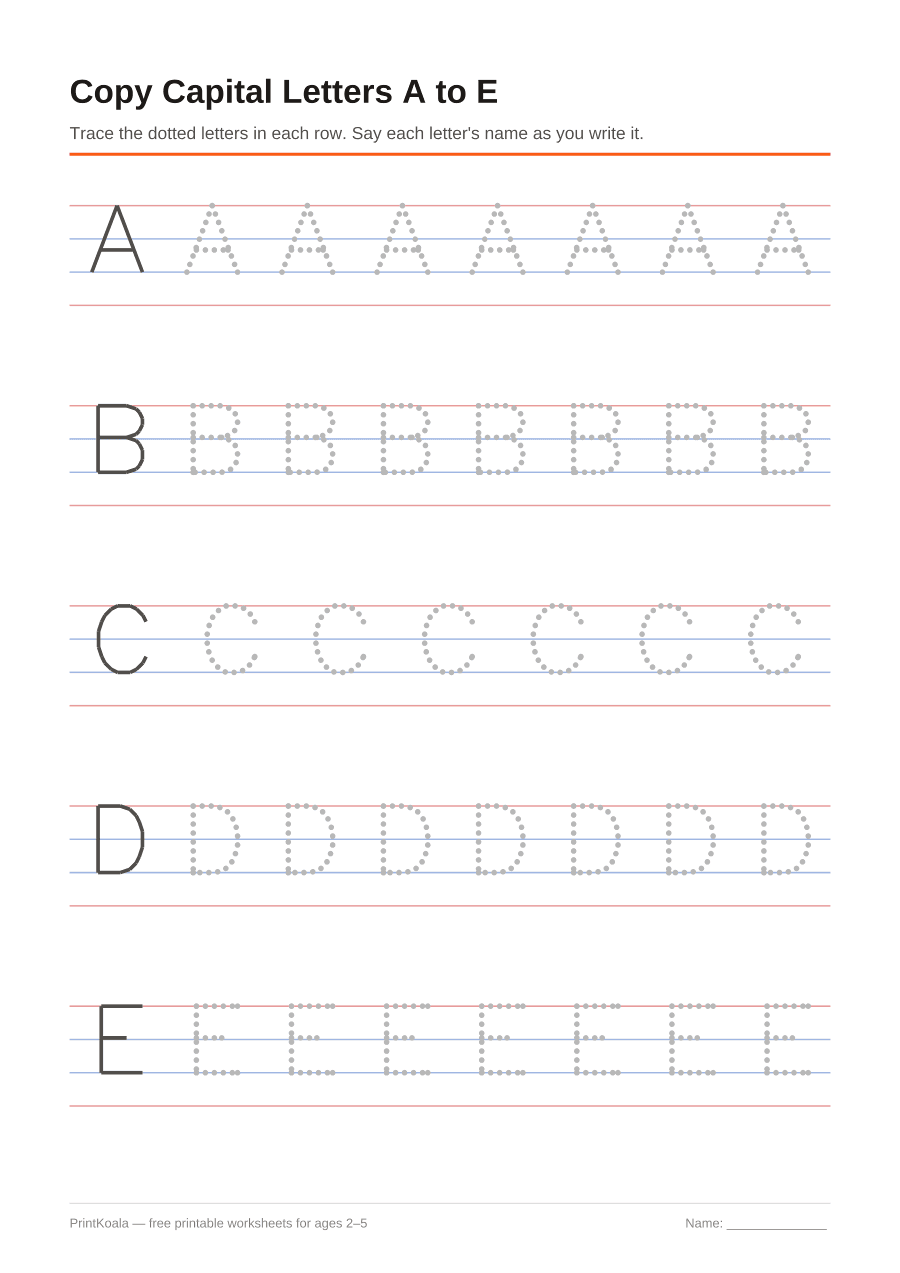 Full preview of the Copy Capital Letters A to E worksheet