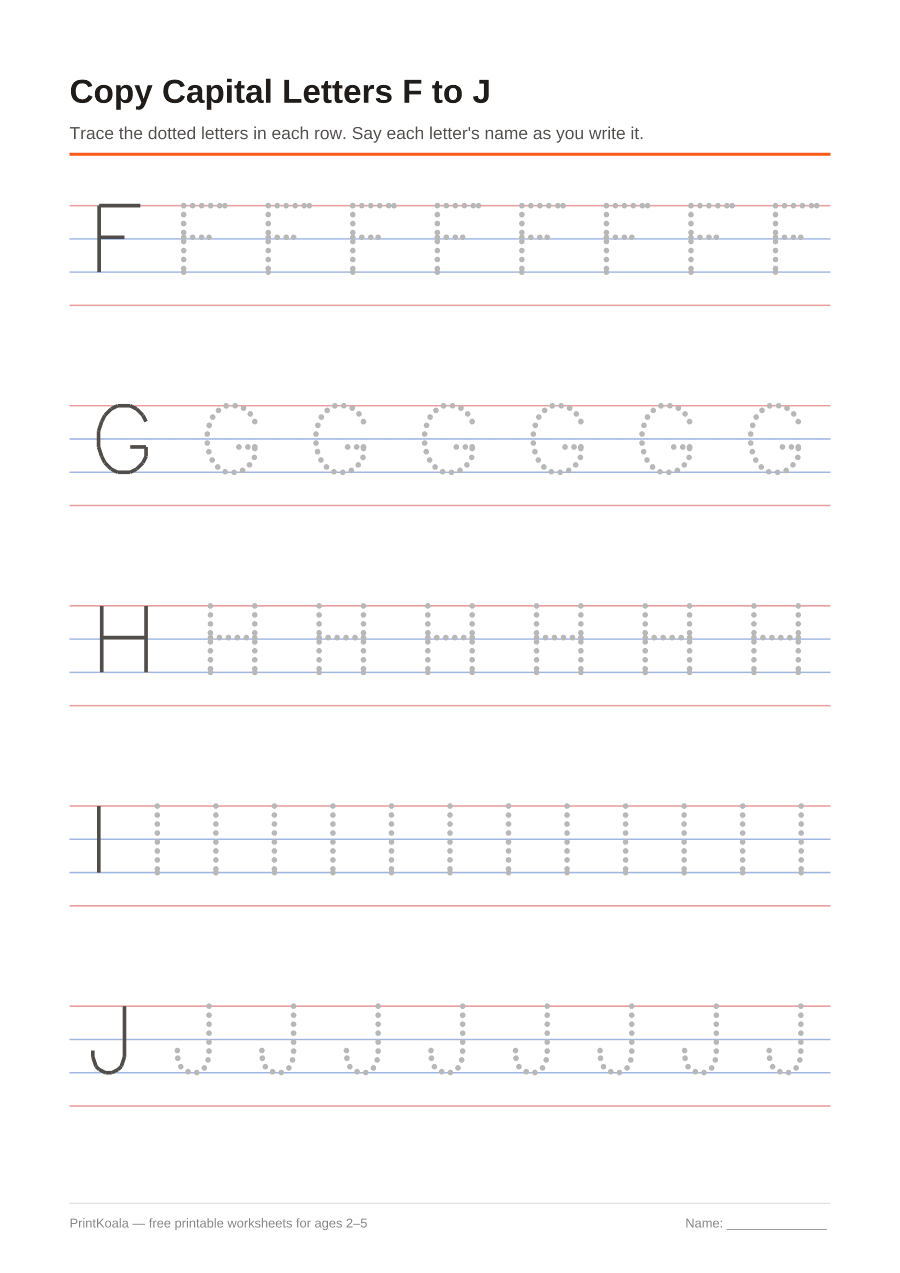 Full preview of the Copy Capital Letters F to J worksheet
