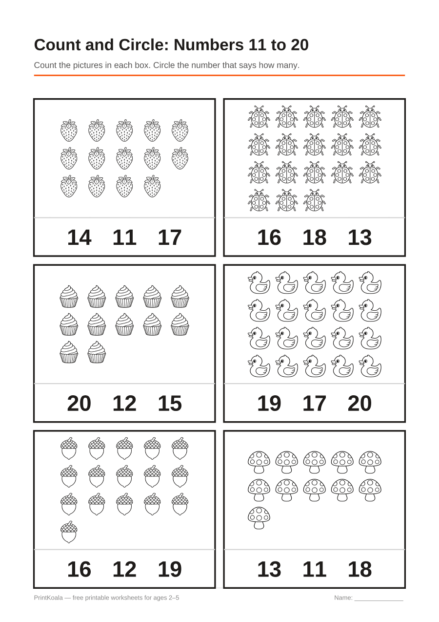Full preview of the Count and Circle: Numbers 11 to 20 worksheet