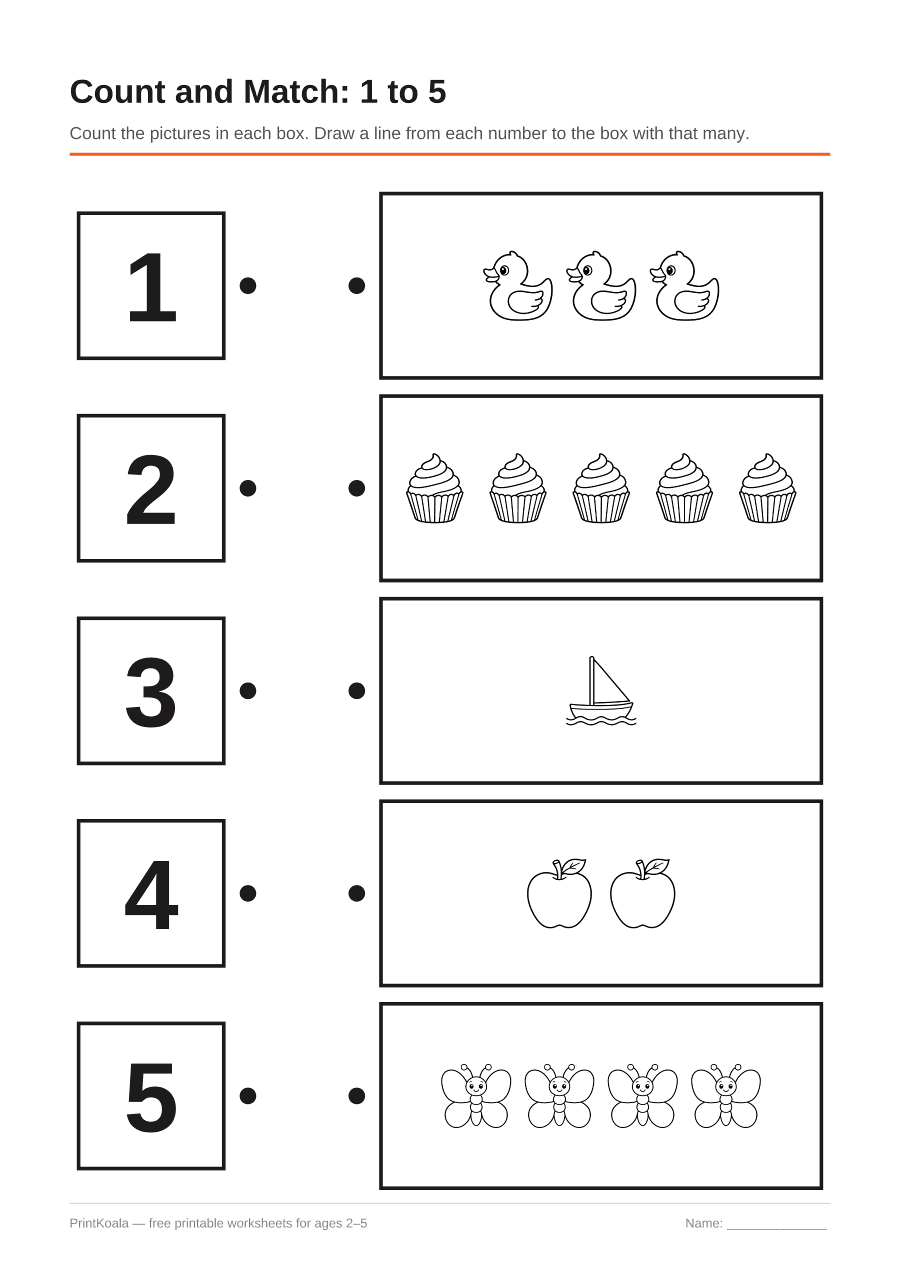 Full preview of the Count and Match: 1 to 5 worksheet