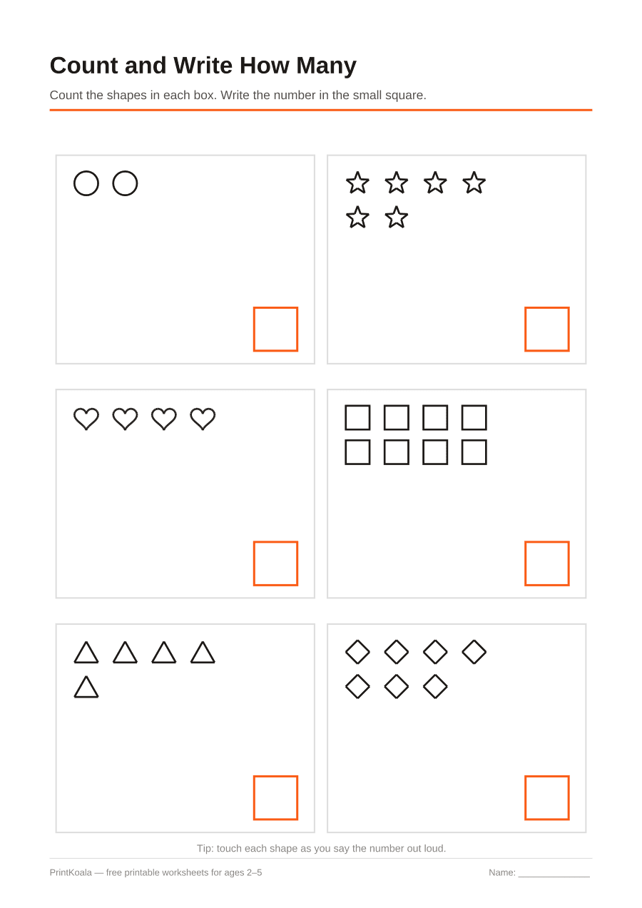 Full preview of the Count and Write How Many worksheet