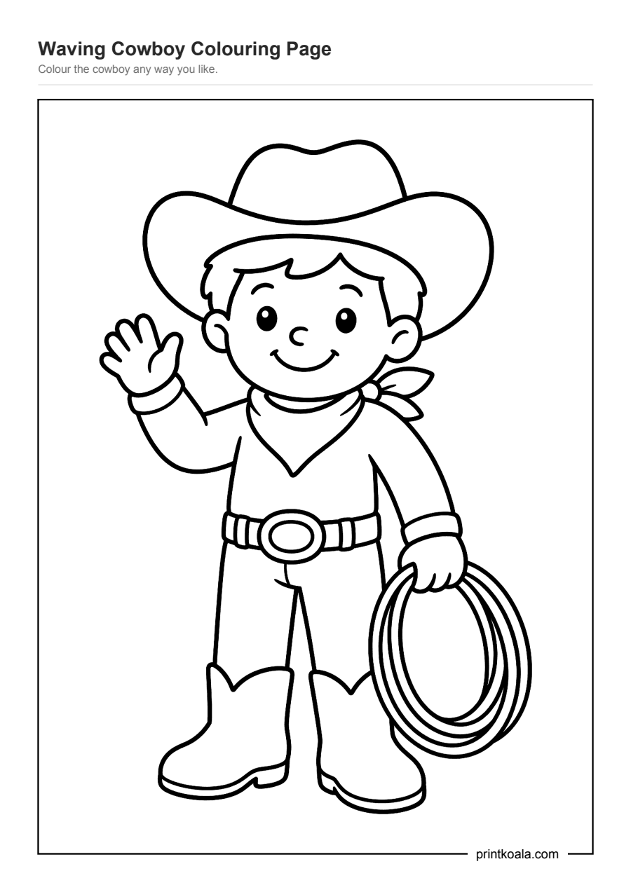 Full preview of the Waving Cowboy Colouring Page worksheet
