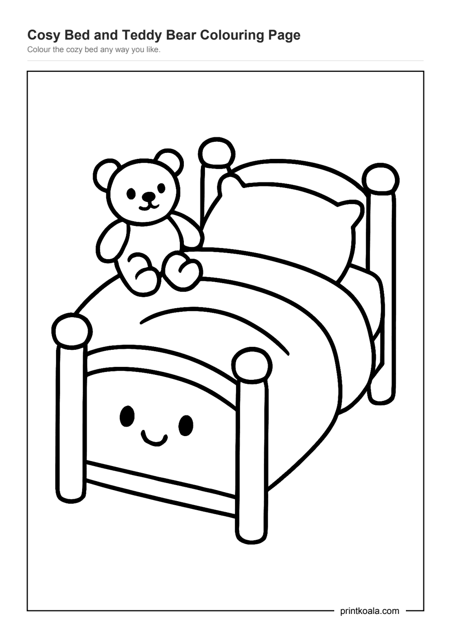 Full preview of the Cosy Bed and Teddy Bear Colouring Page worksheet