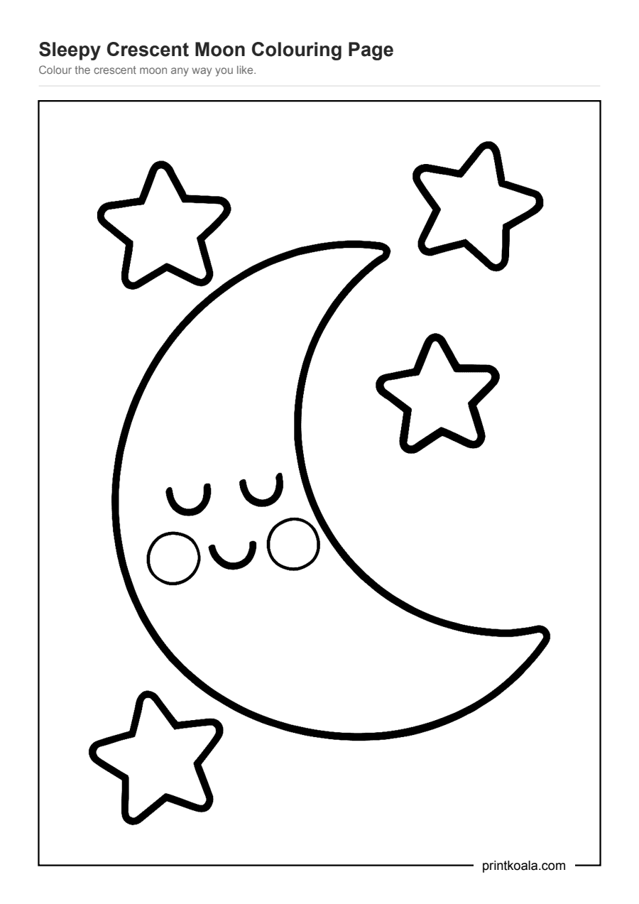 Full preview of the Sleepy Crescent Moon Colouring Page worksheet