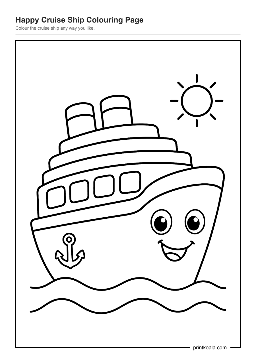 Full preview of the Happy Cruise Ship Colouring Page worksheet