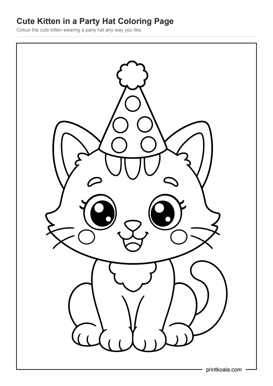 Full preview of the Cute Kitten in a Party Hat Coloring Page worksheet