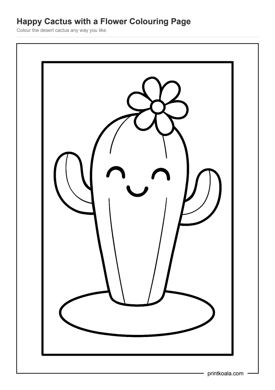 Full preview of the Happy Cactus with a Flower Colouring Page worksheet