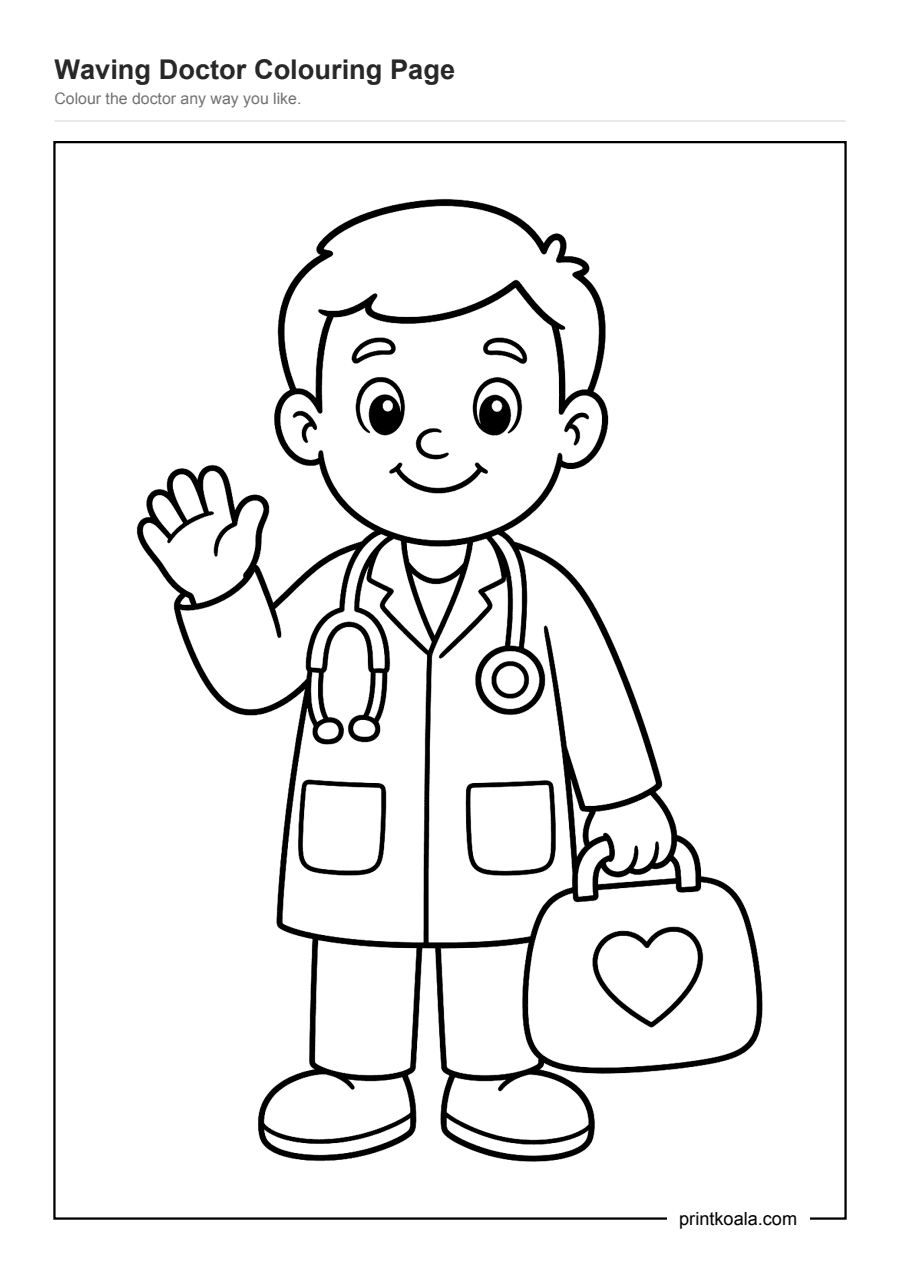Full preview of the Waving Doctor Colouring Page worksheet