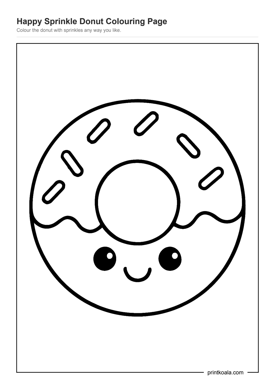 Full preview of the Happy Sprinkle Donut Colouring Page worksheet